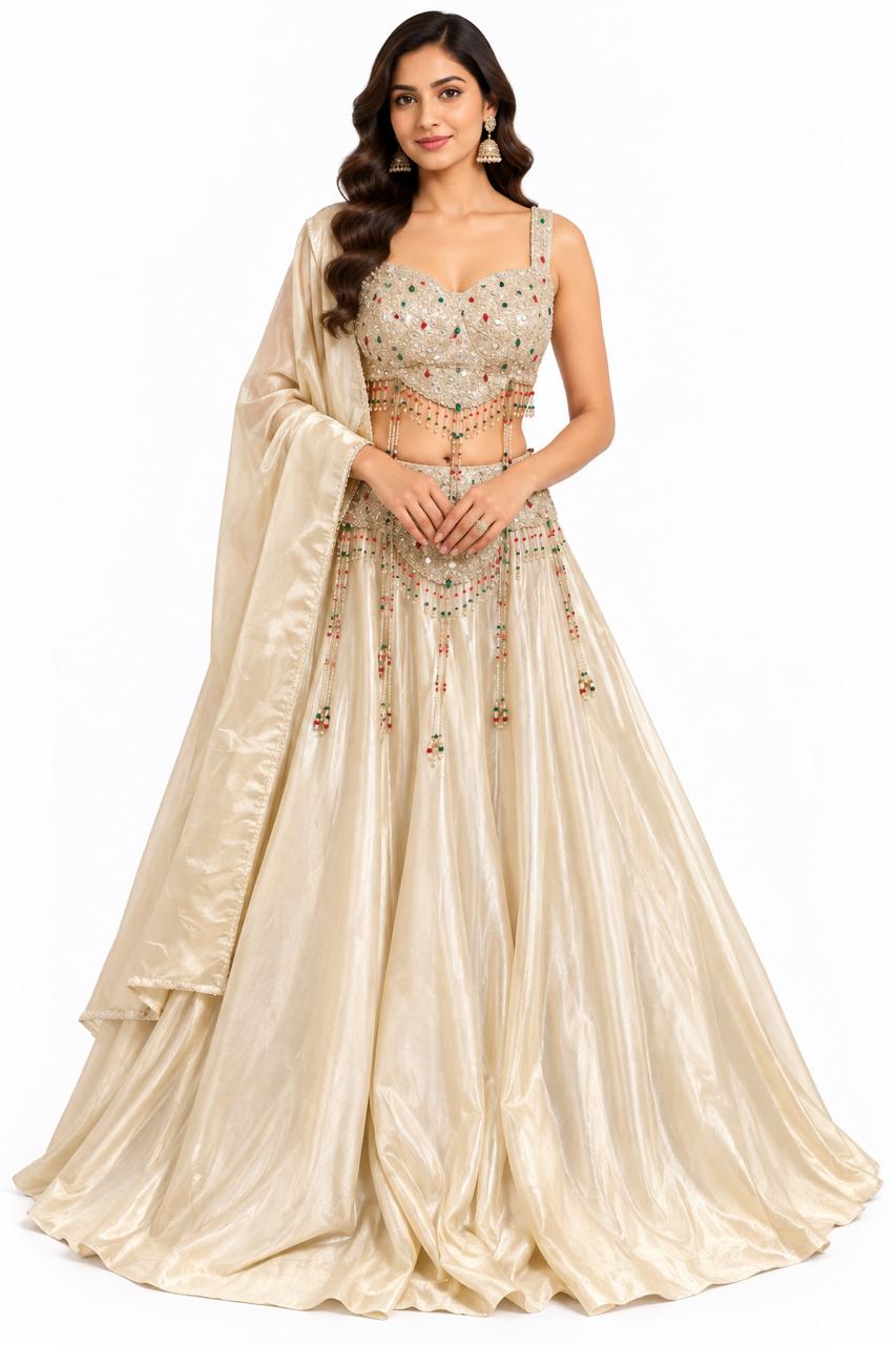 Cream Embellished Drape Saree with Beaded Tassels Main image