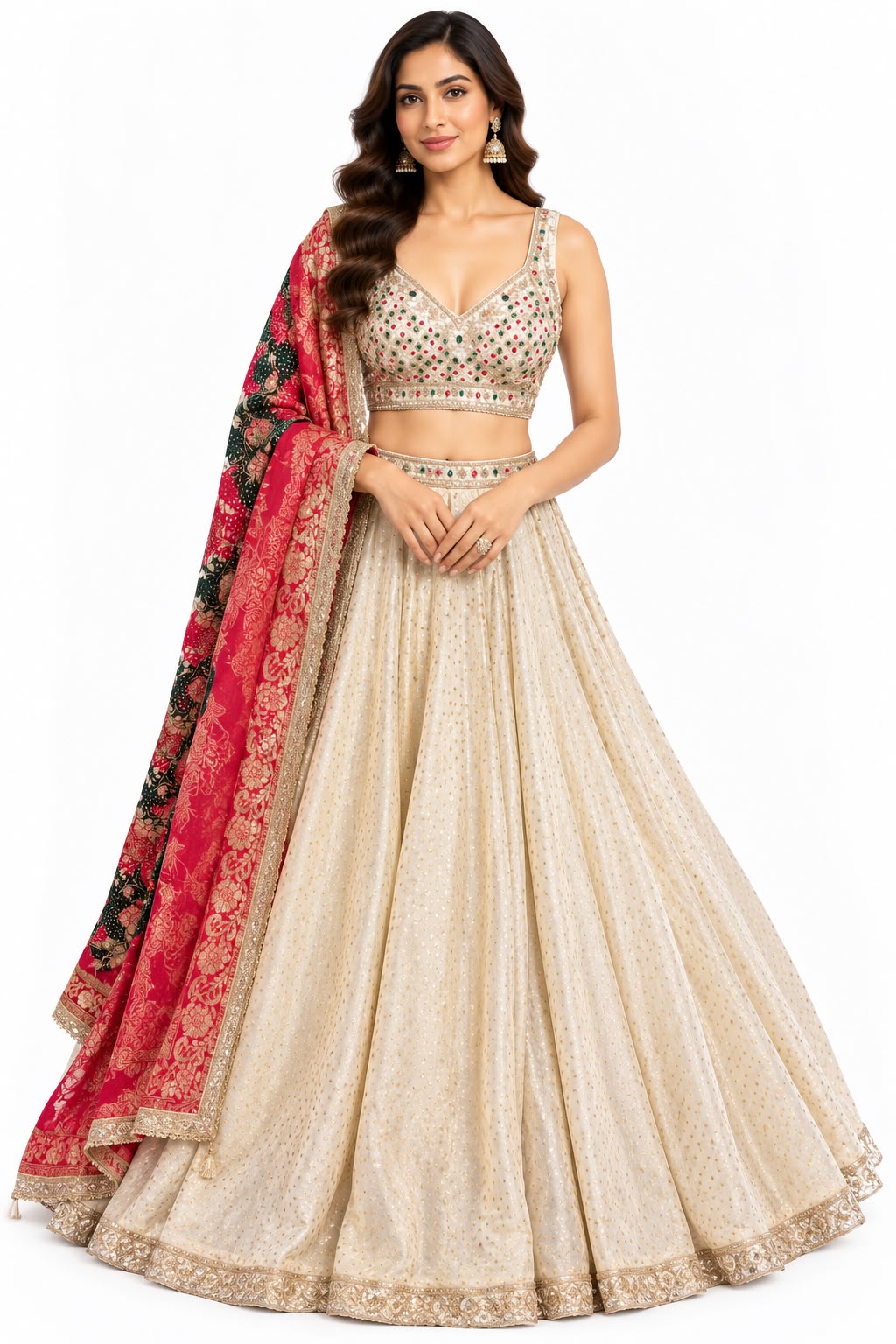 Cream Embellished Lehenga with Contrasting Dupatta Main image