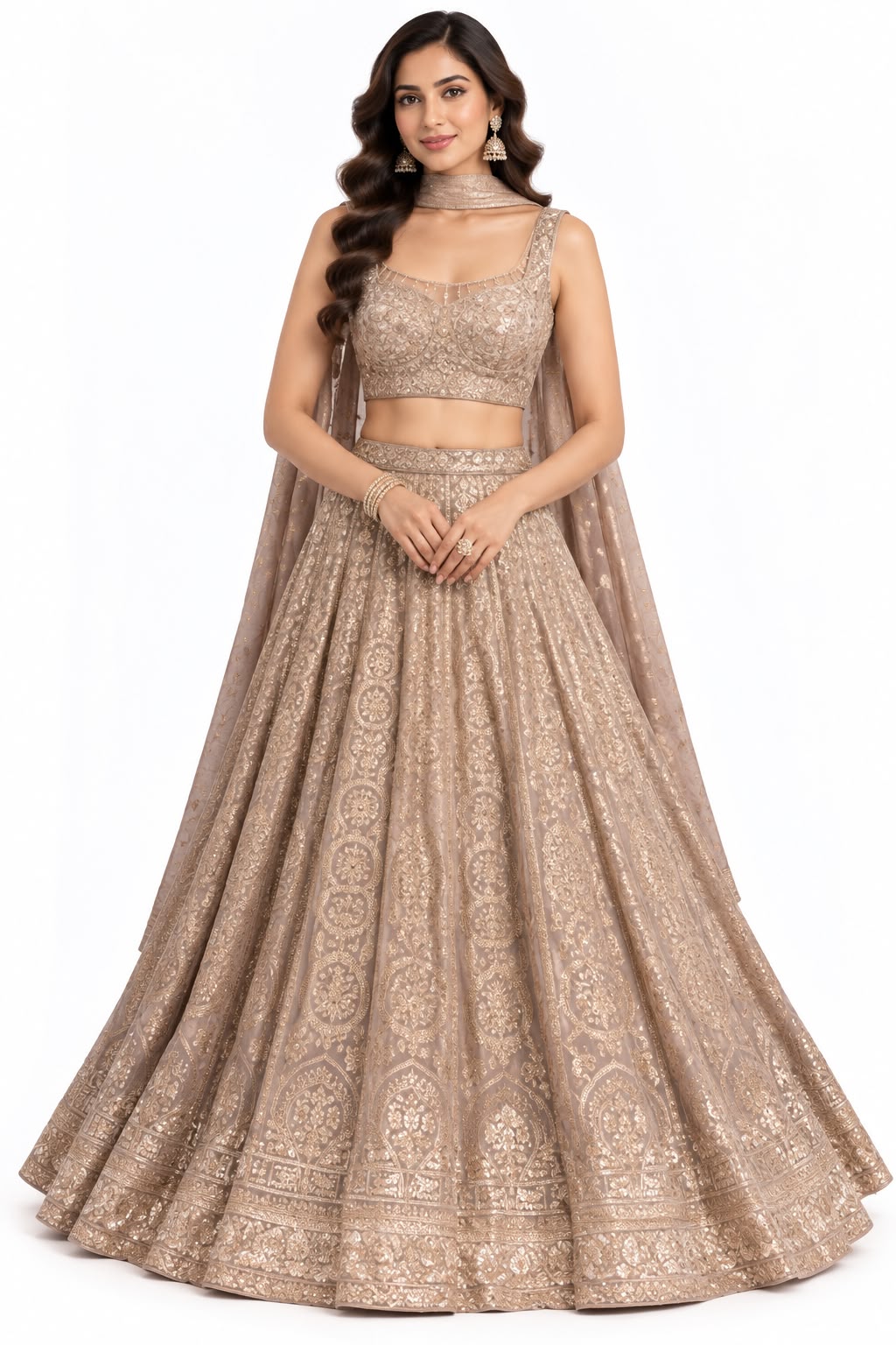 Taupe Floral Lehenga with Matching Neck Drape Main image