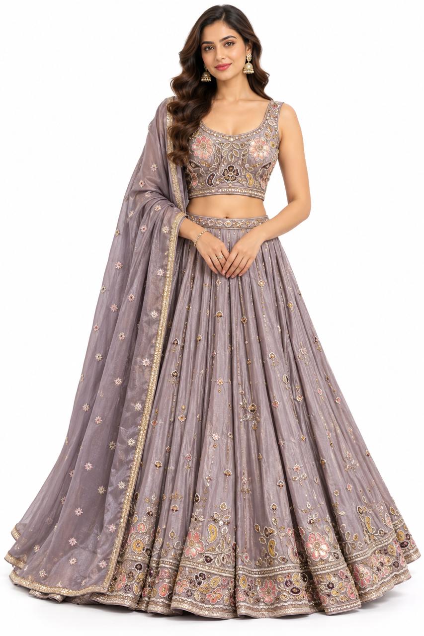 Lavender Floral Embroidered Lehenga with Dupatta