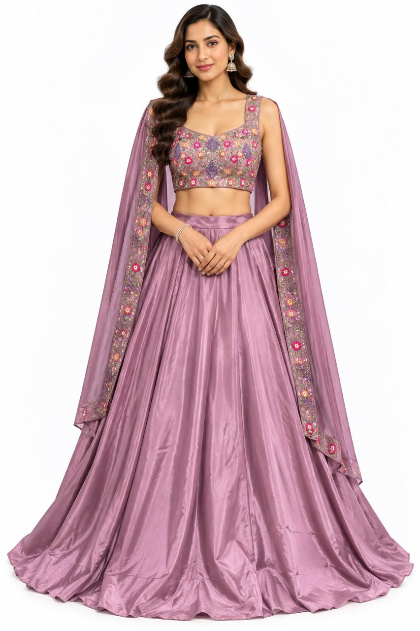 Purple Lehenga with Floral Embroidered Blouse and Dupatta Main image