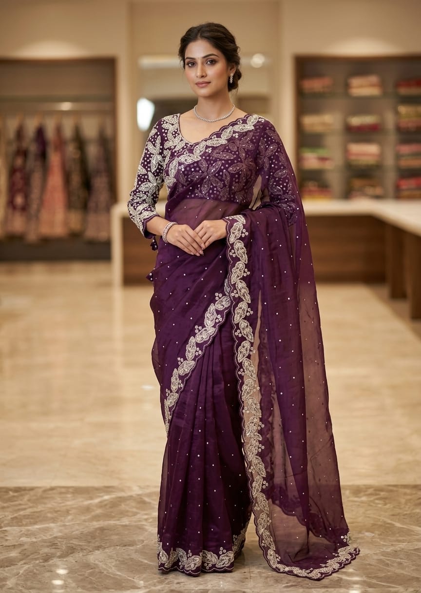 Royal Purple Embroidered Party Saree Main image