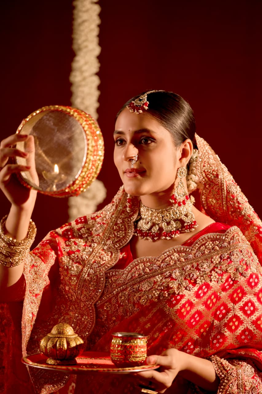 Royal Crimson Bandhani & Zardozi Embroidered Designer Saree