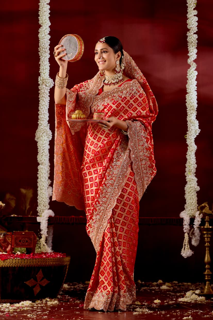 Royal Crimson Bandhani & Zardozi Embroidered Designer Saree
