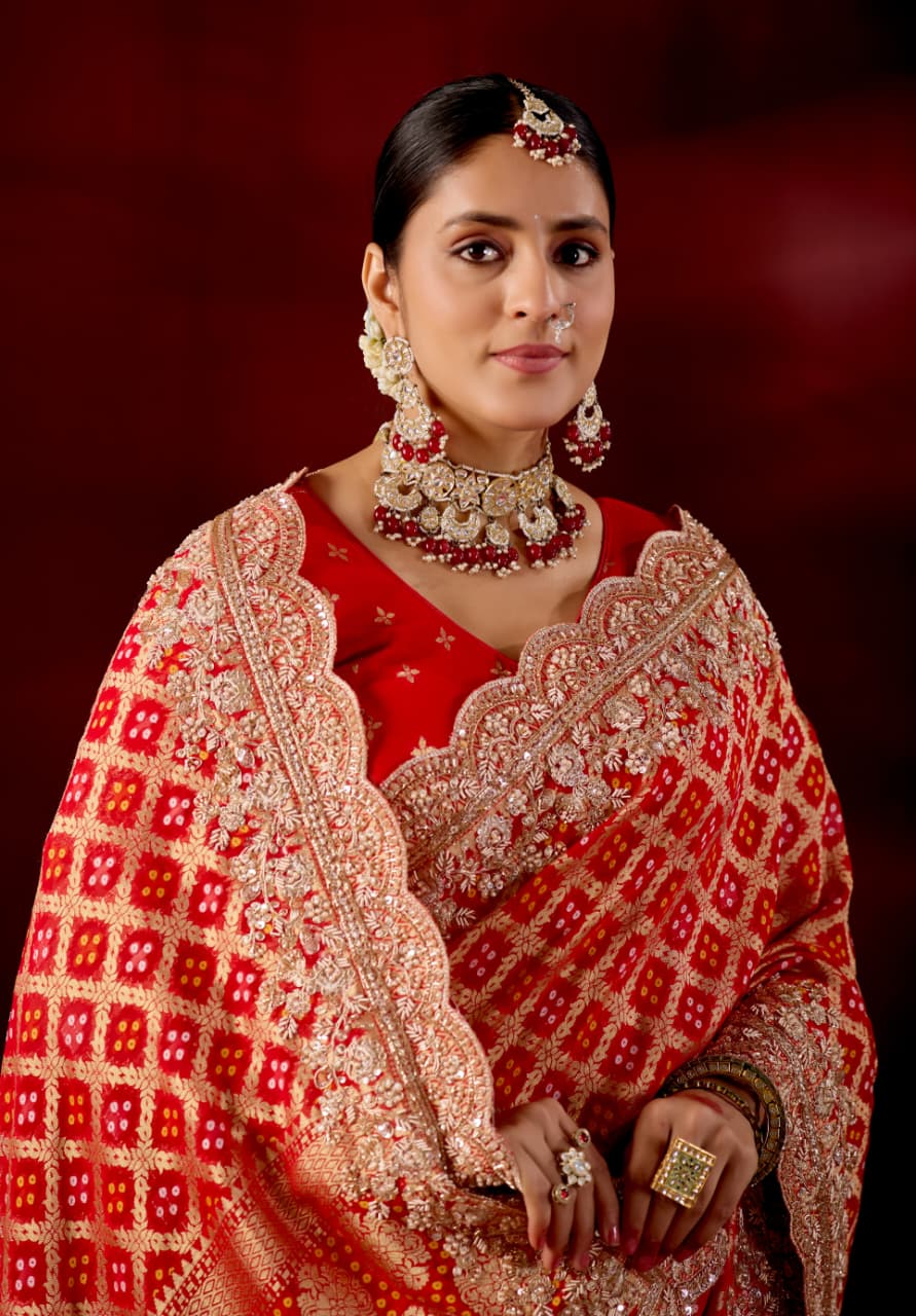 Royal Crimson Bandhani & Zardozi Embroidered Designer Saree