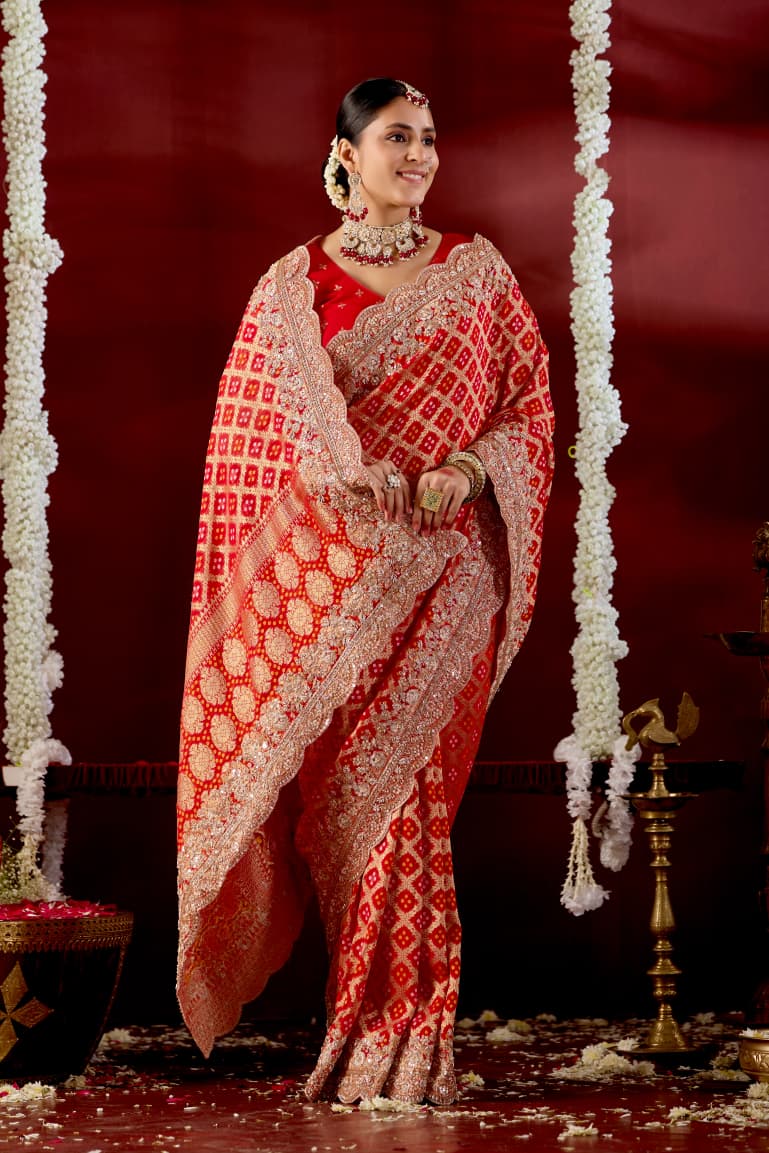 Royal Crimson Bandhani & Zardozi Embroidered Designer Saree Secondary image