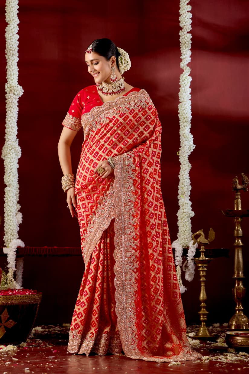 Royal Crimson Bandhani & Zardozi Embroidered Designer Saree
