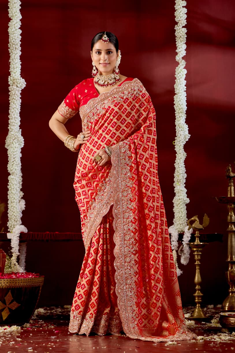 Royal Crimson Bandhani & Zardozi Embroidered Designer Saree