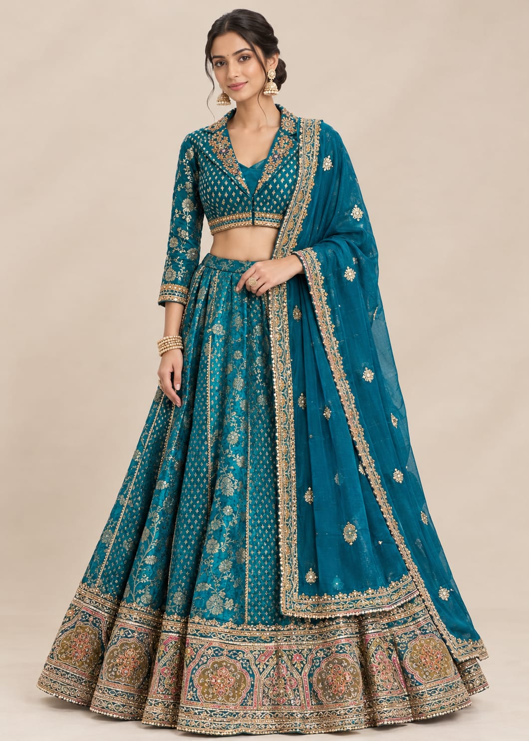 Teal Blue Embroidered Lehenga with Traditional Designer Dupatta