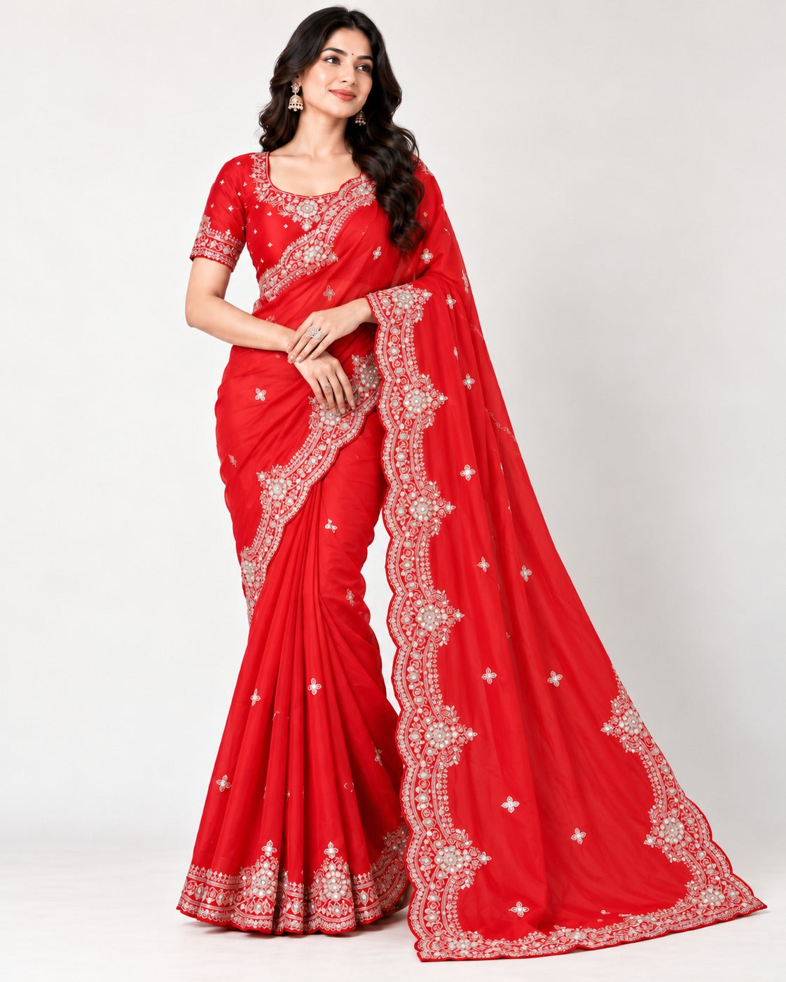 Embroidered Red Saree with Stitched Blouse