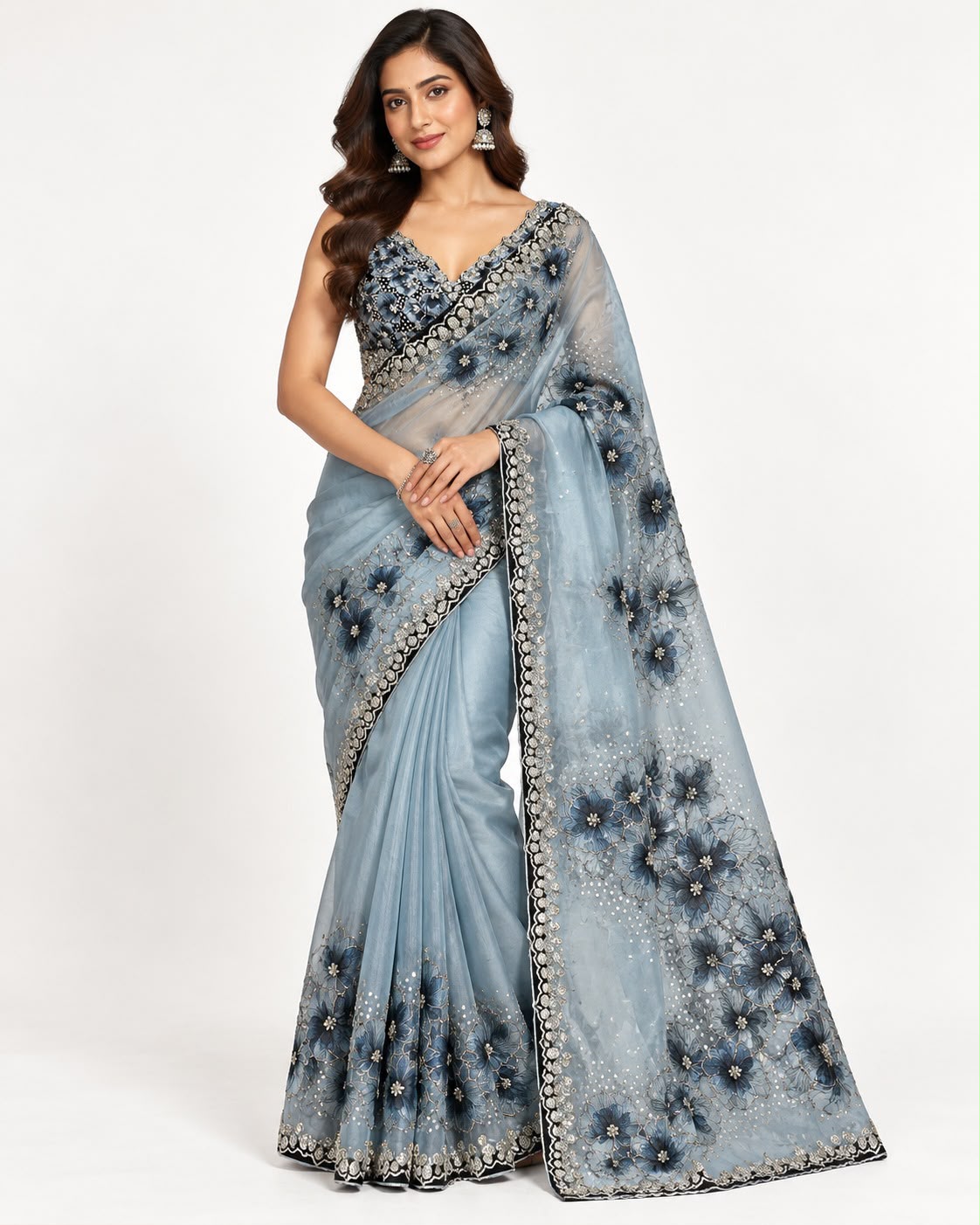 Embroidered Grey Saree with Stitched Blouse