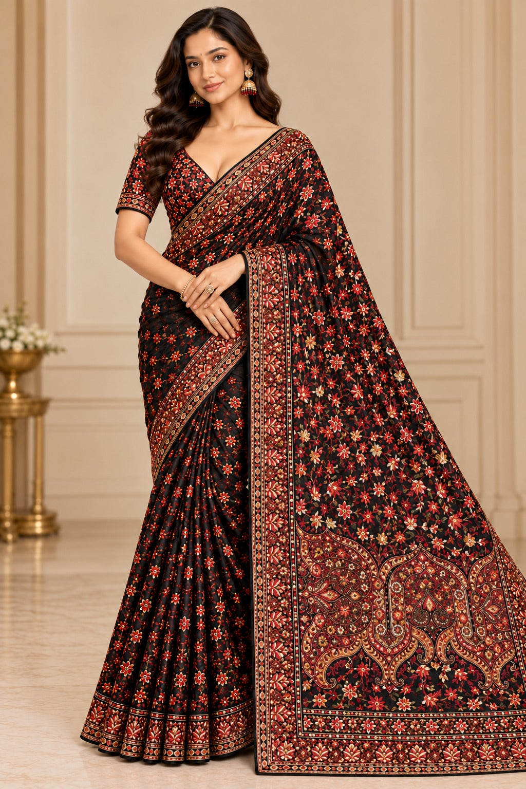 Embroidered Black Saree with Stitched Blouse Main image