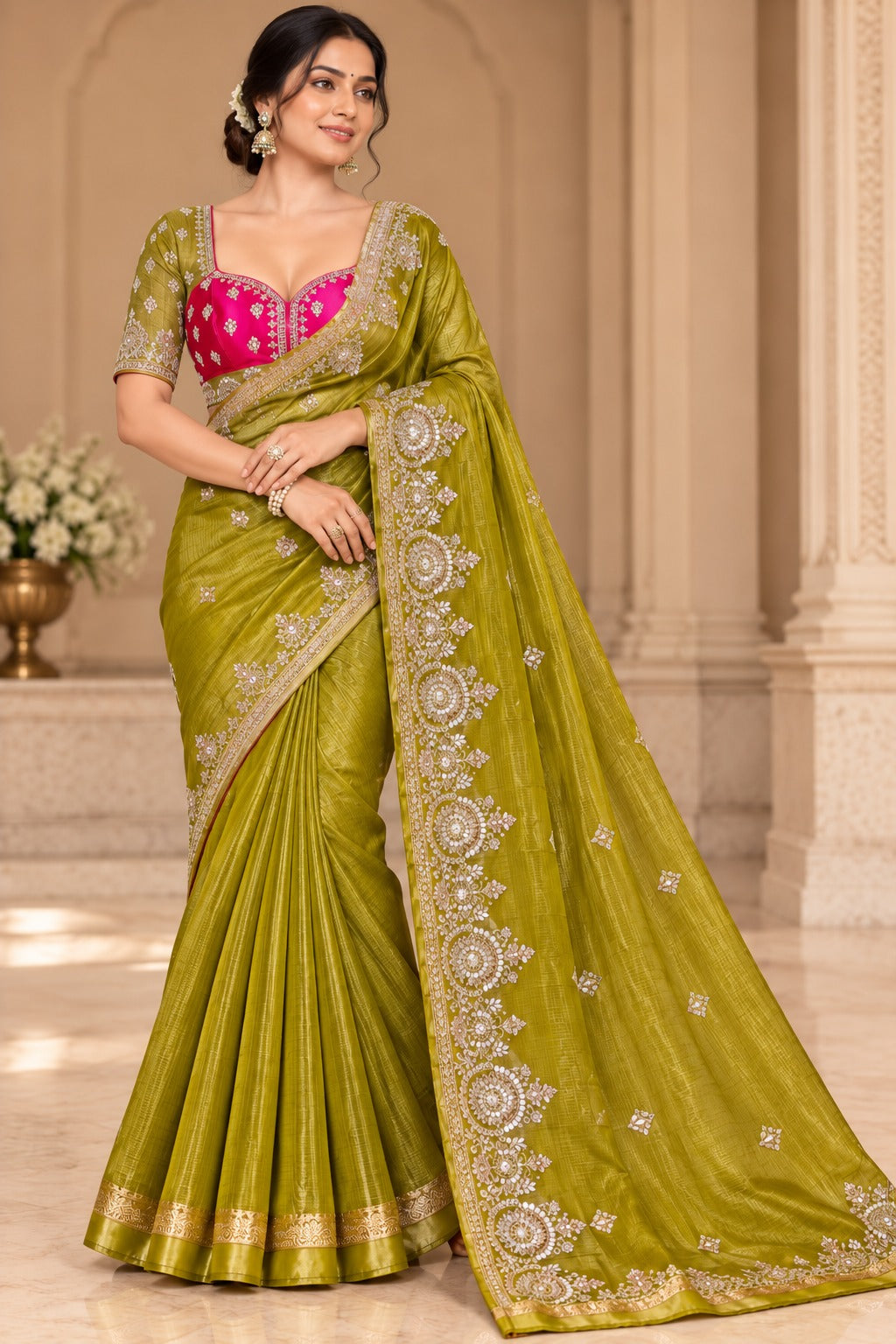 Embroidered Olive Saree with Stitched Blouse