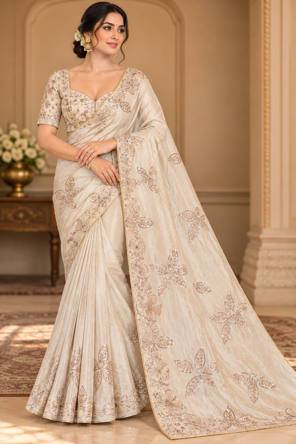 Embroidered Off-White Saree with Stitched Blouse
