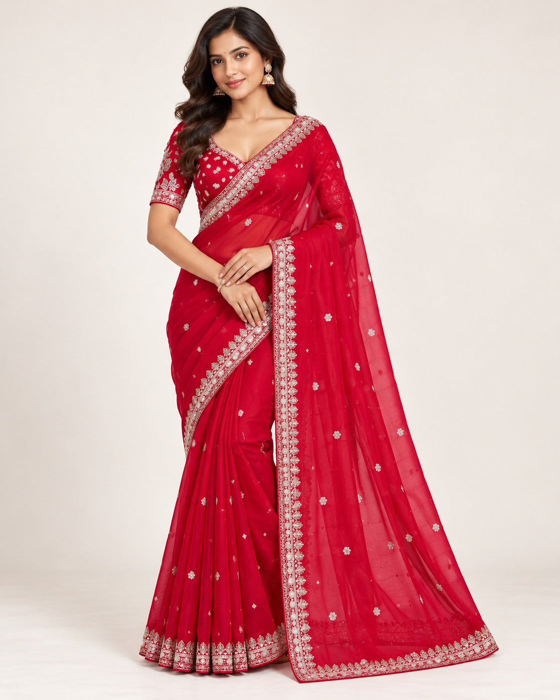 Embroidered Red Saree with Stitched Blouse Main image