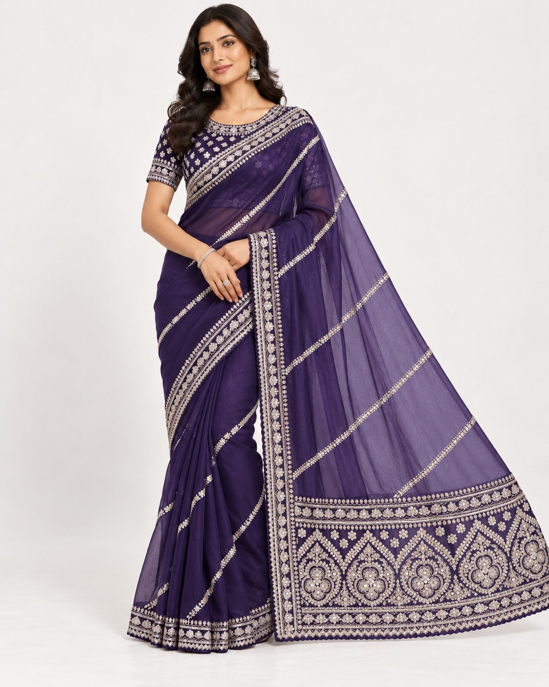 Embroidered Purple Saree with Stitched Blouse Main image