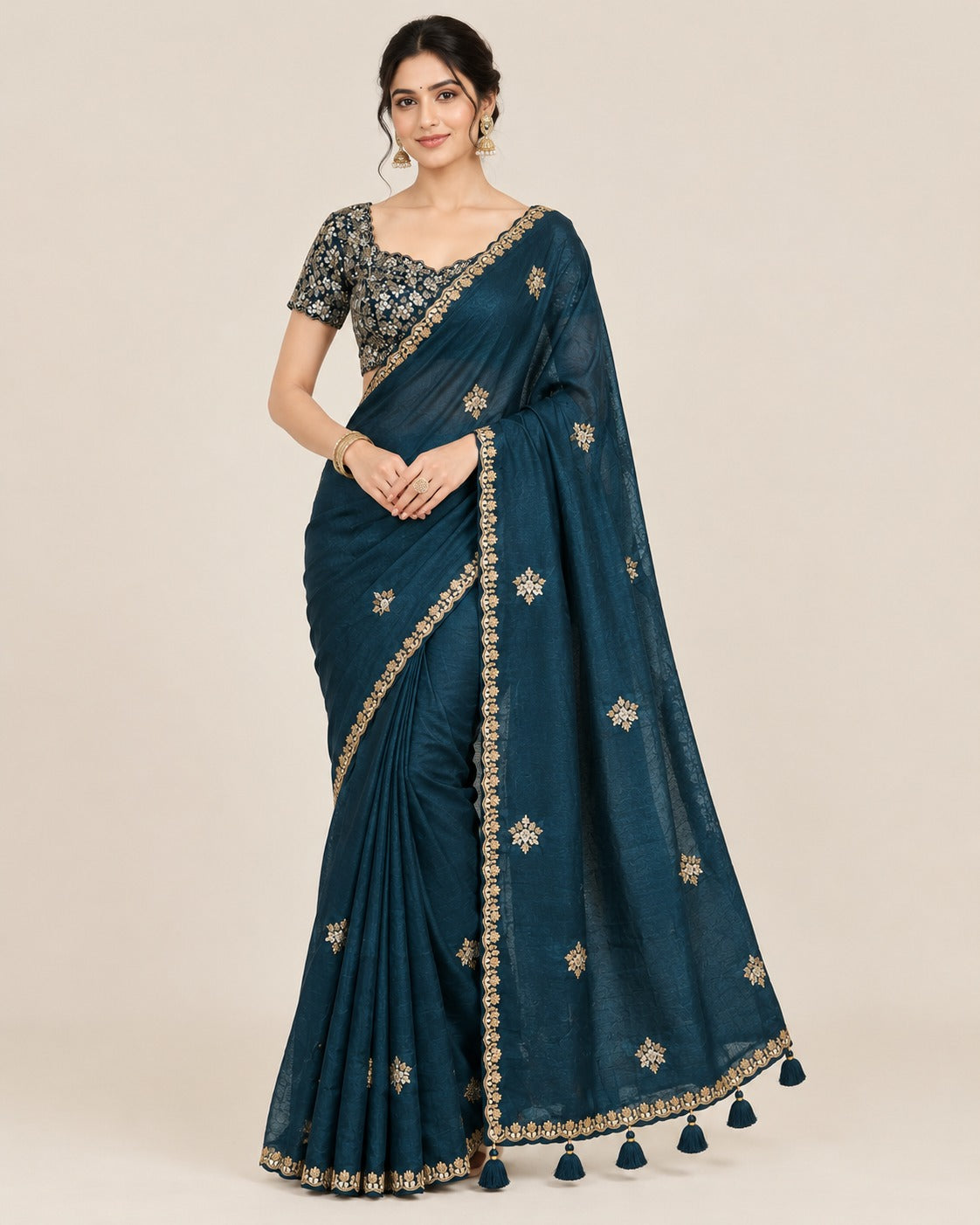 Embroidered Teal Blue Saree with Stitched Blouse Main image