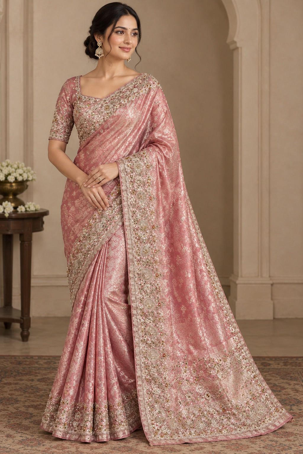 Embroidered Pink Saree with Stitched Blouse