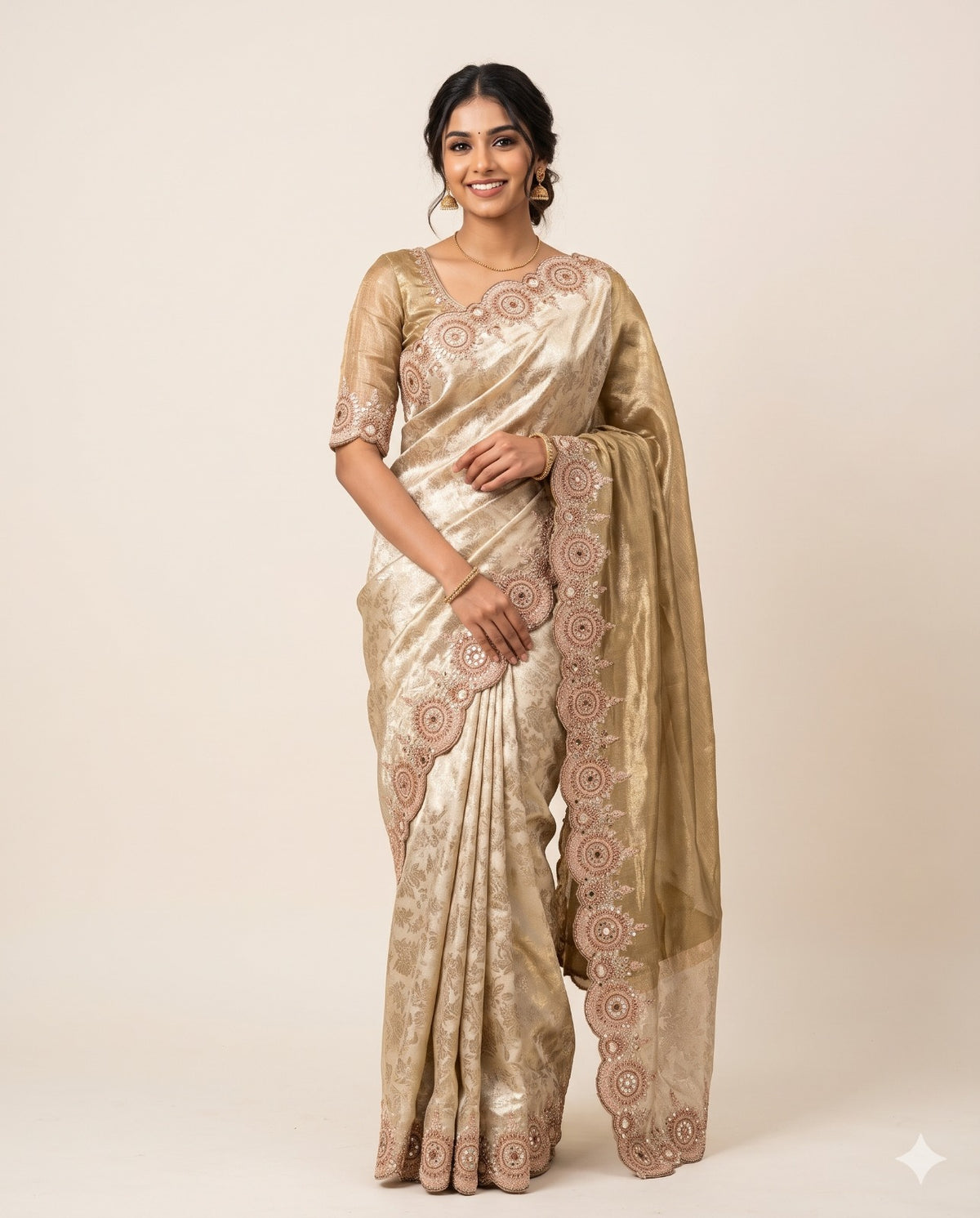 Embroidered Gold Saree with Stitched Blouse Main image