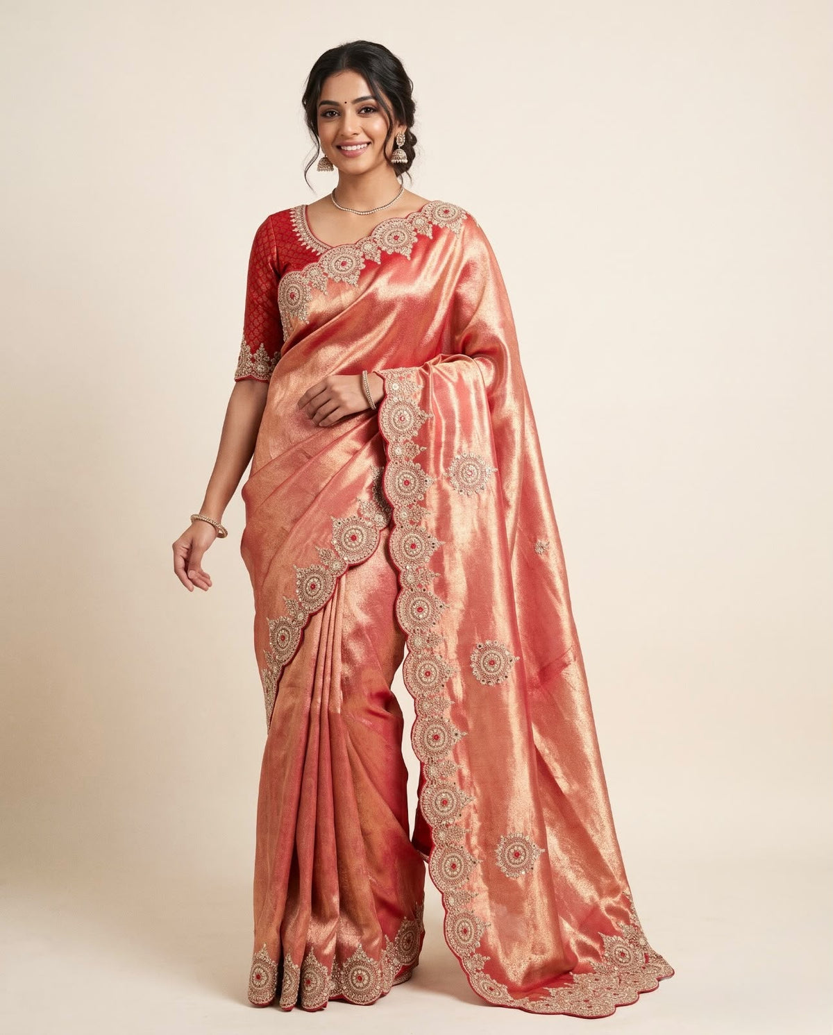 Embroidered Peach Saree with Stitched Blouse