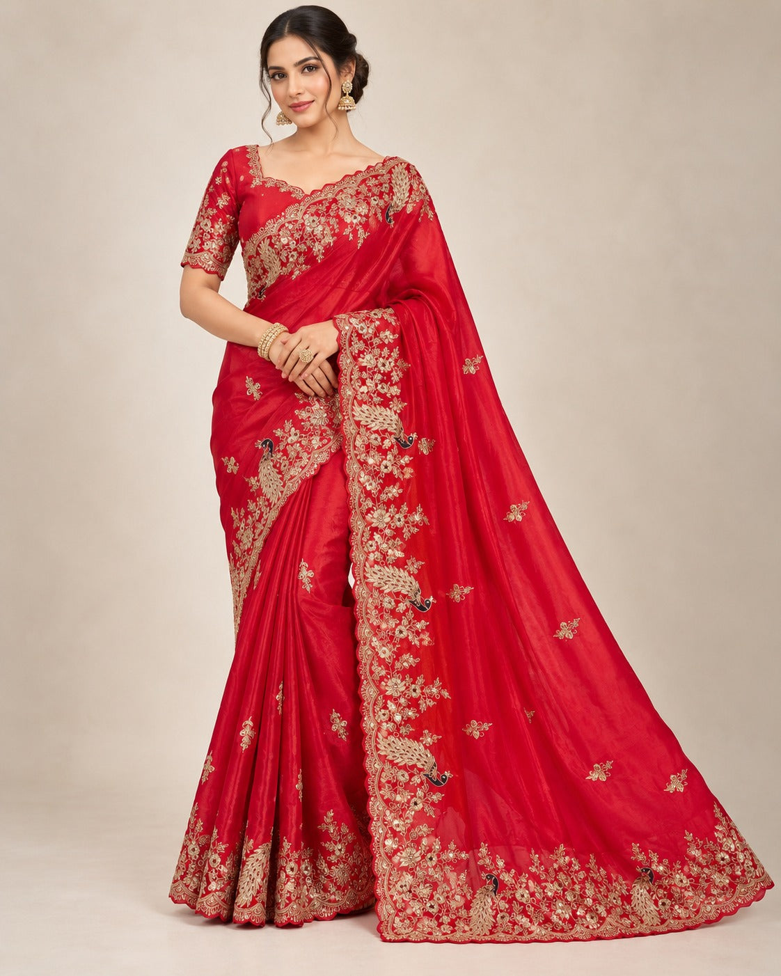 Embroidered Red Saree with Stitched Blouse Main image