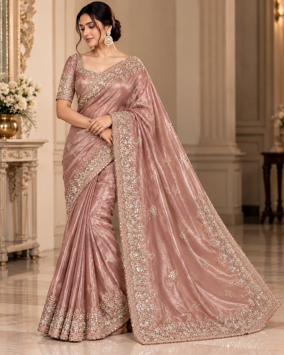 Embroidered Mauve Saree with Stitched Blouse