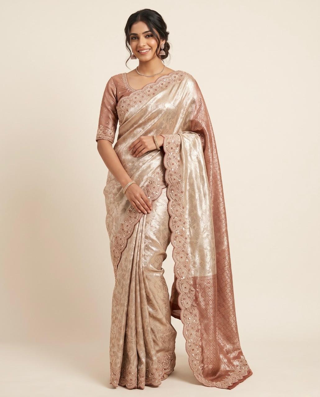 Embroidered Gold Saree with Stitched Blous Main image