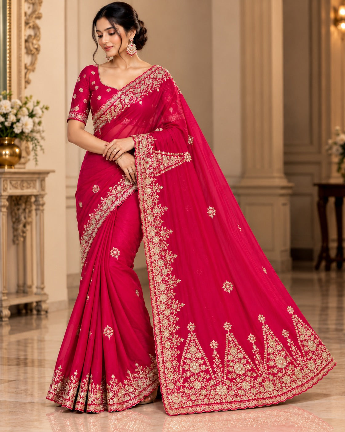 Embroidered Magenta Saree with Stitched Blouse