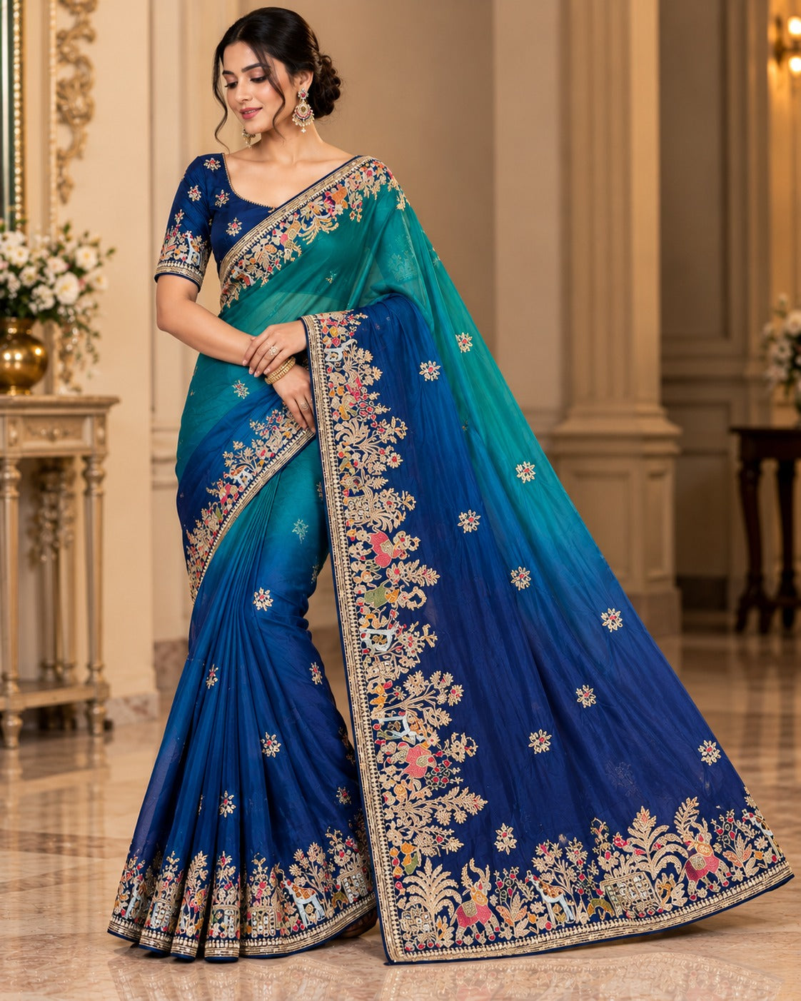 Embroidered Blue Saree with Stitched Blouse Main image