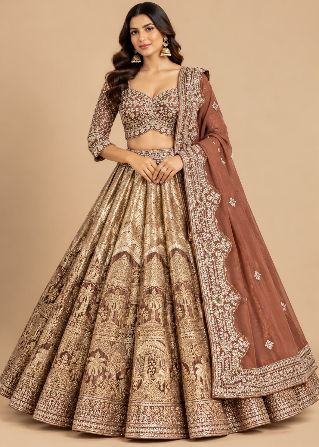 Rich Brown & Gold Heritage Embellished Bridal Lehenga Set