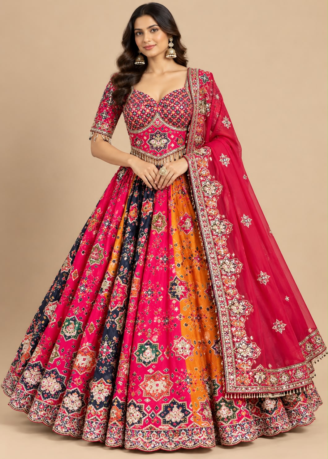 Vibrant Multi-Colour Patola & Bandhani-Inspired Bridal Lehenga Set
