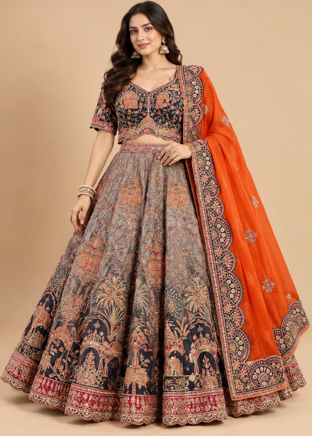 Grey & Navy Blue Embroidered Lehenga with Orange Dupatta