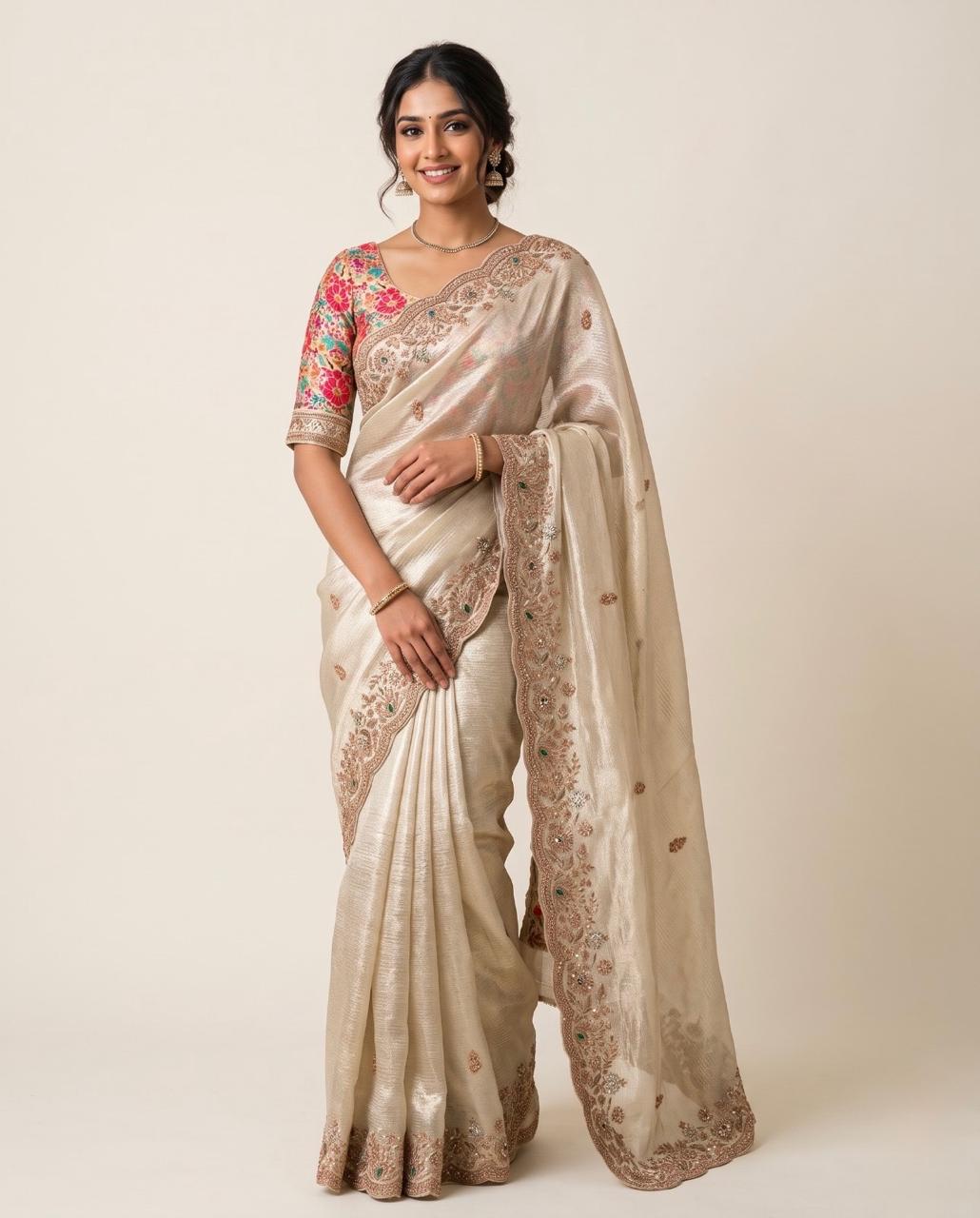 Embroidered Off-White Saree with Stitched Blouse Main image
