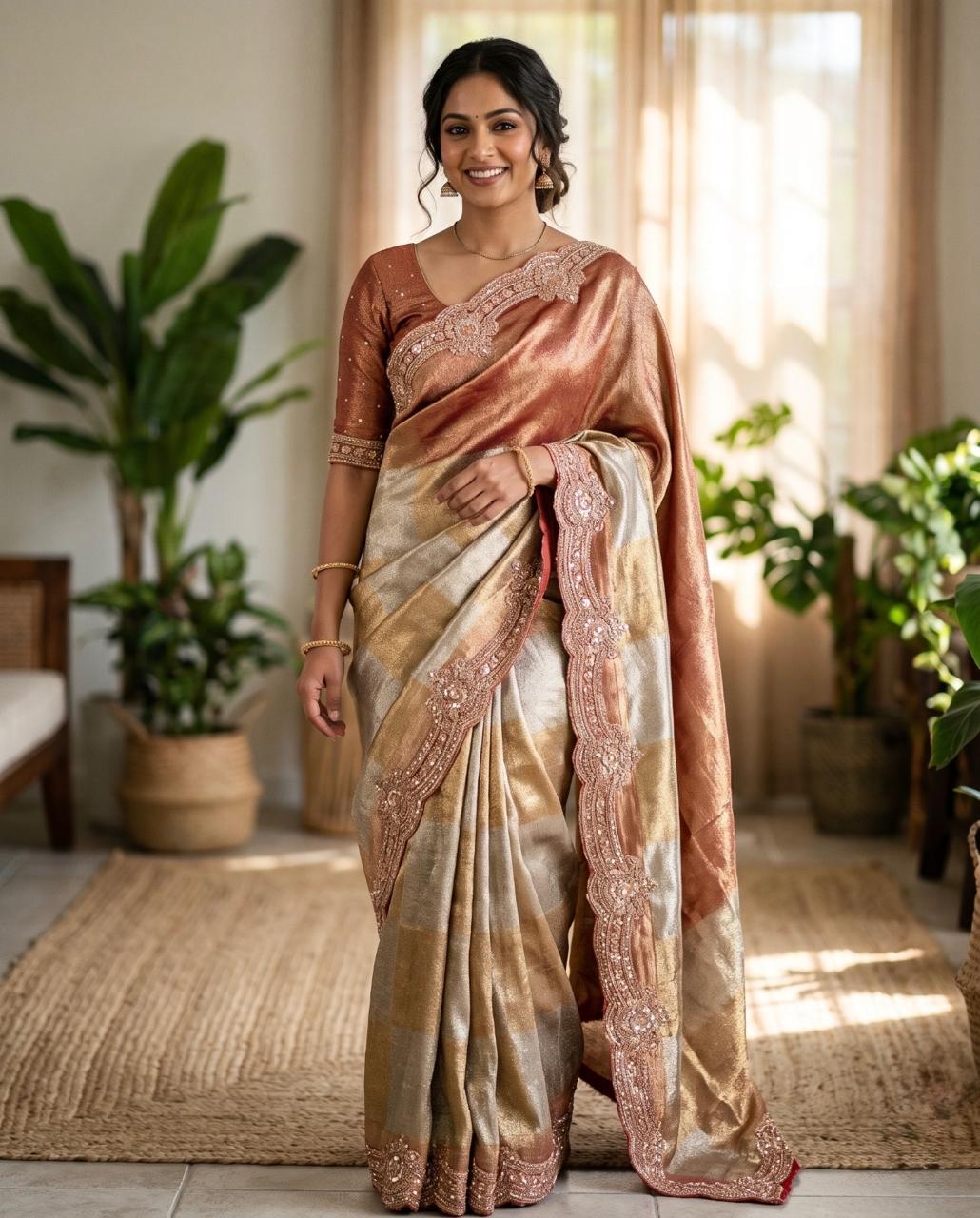 Embroidered Metallic Saree with Stitched Blouse Main image
