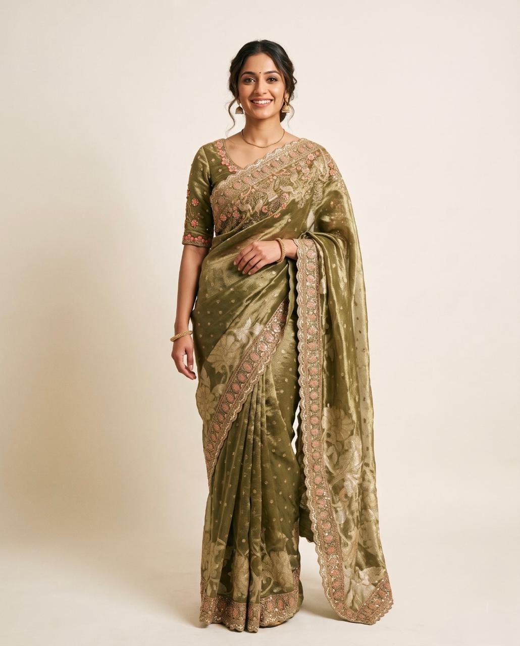 Embroidered Olive Green Saree with Stitched Blouse Main image