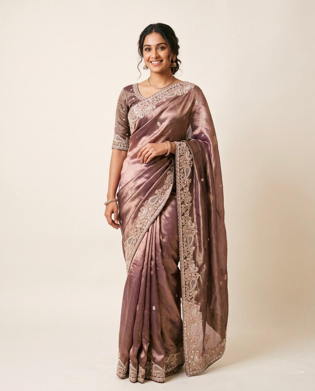 Embroidered Taupe Saree with Stitched Blouse Main image