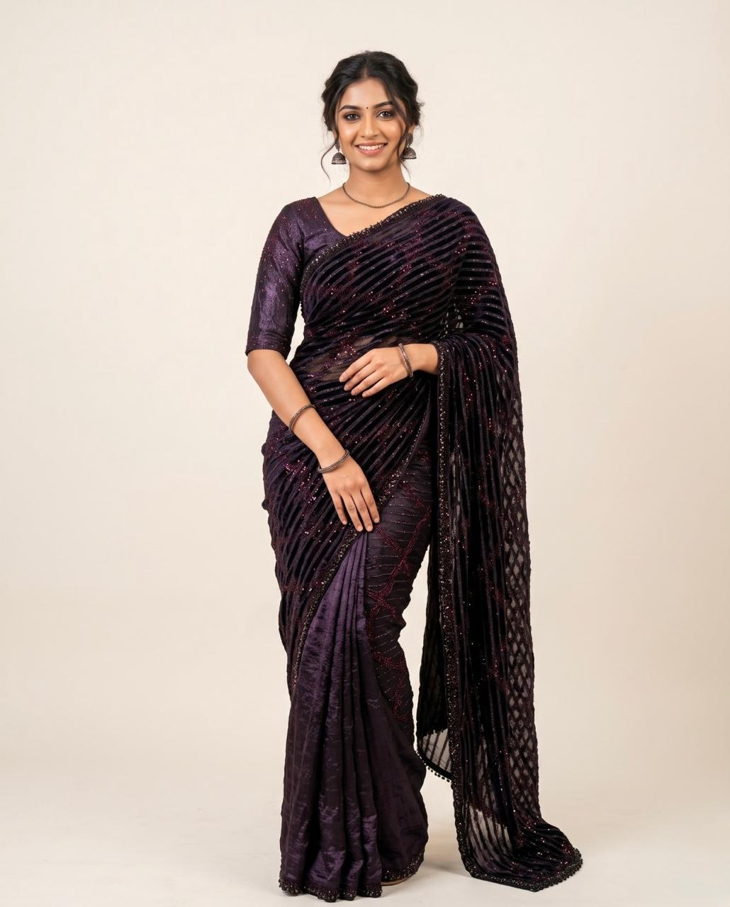 Embroidered Purple Saree with Stitched Blouse