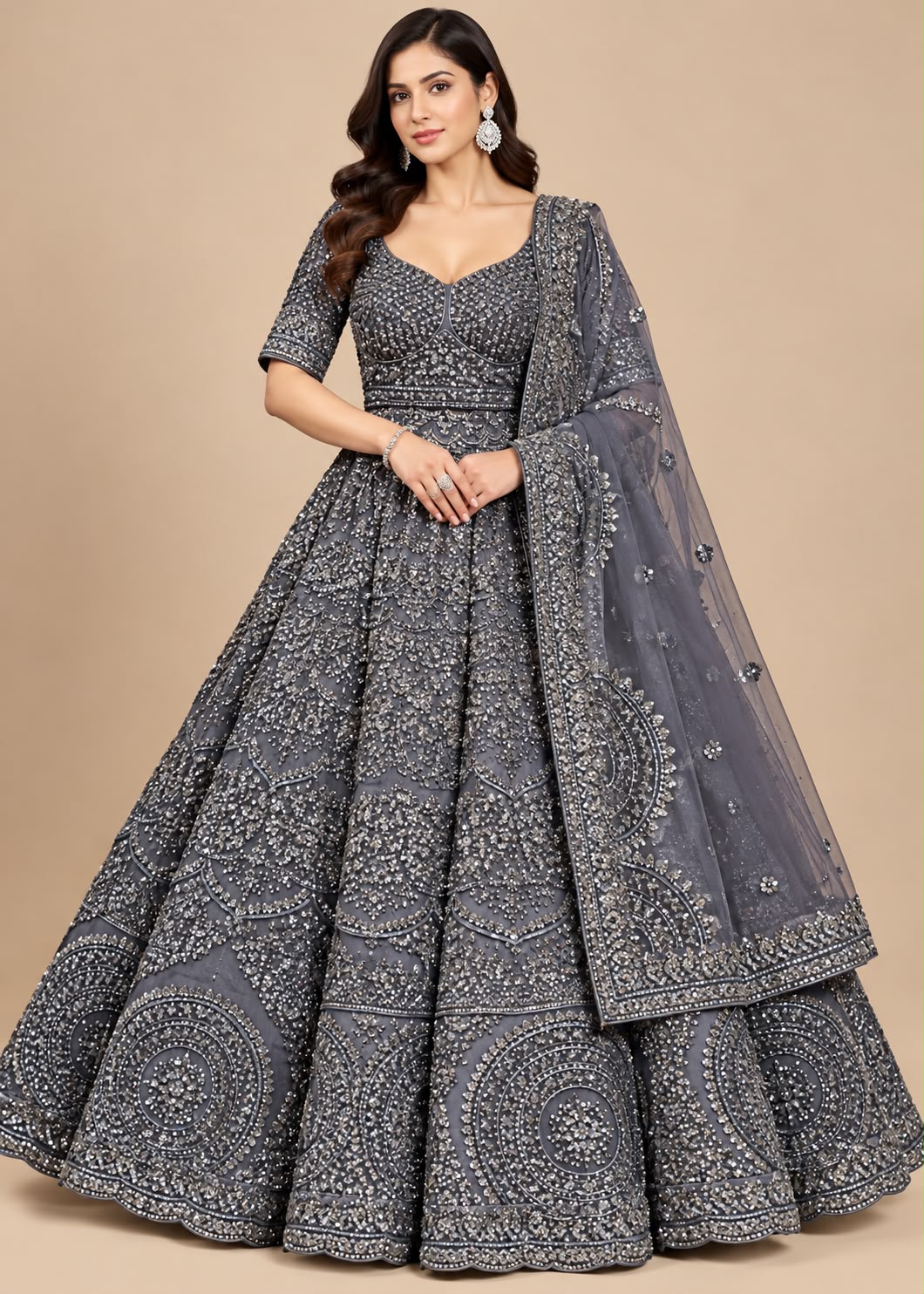 Slate Grey Lehenga with Silver Sequin Embroidery Main image