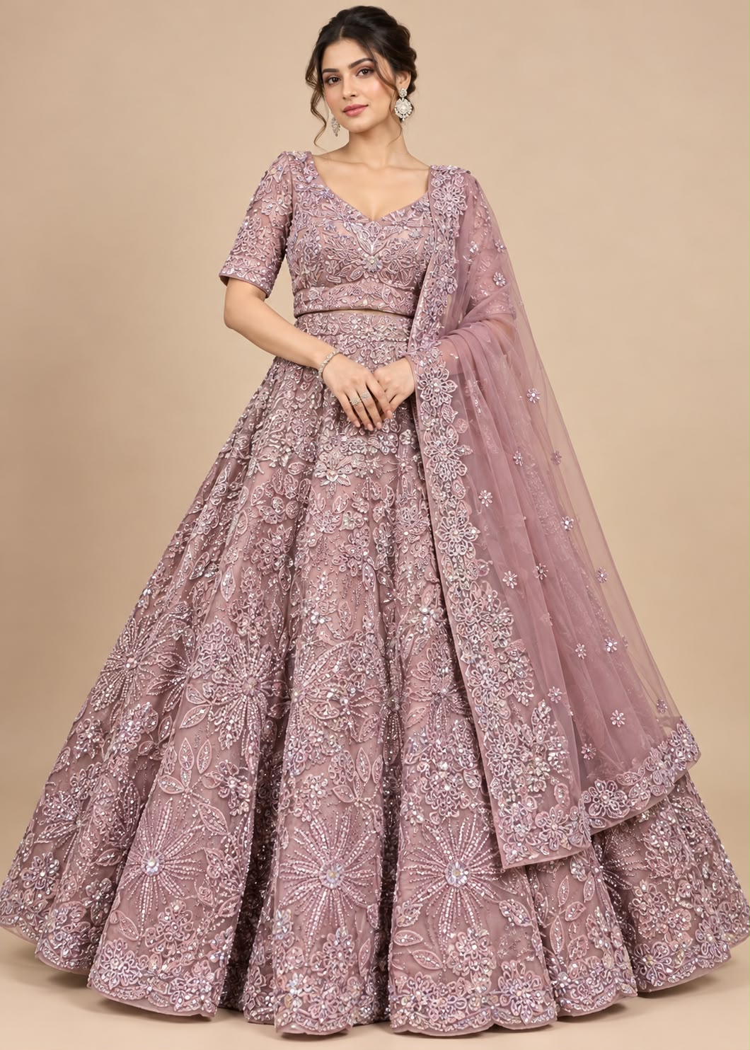 Dusty Mauve Lehenga with Intricate Floral Embroidery
