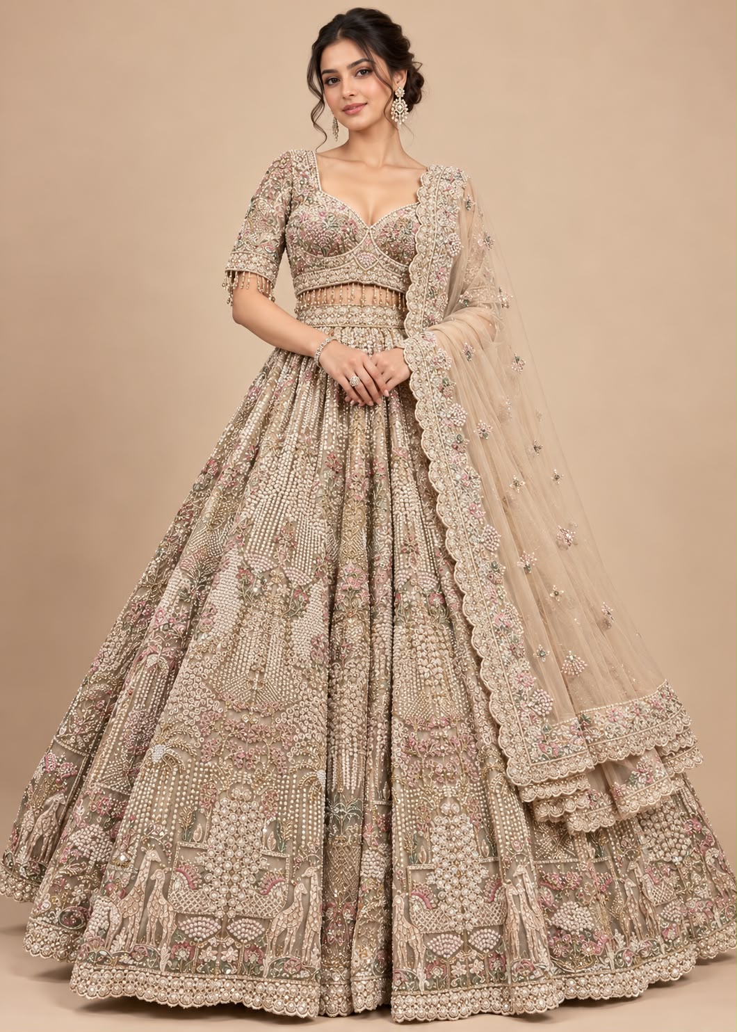 Champagne Beige Lehenga with Multicolour Floral Embroidery