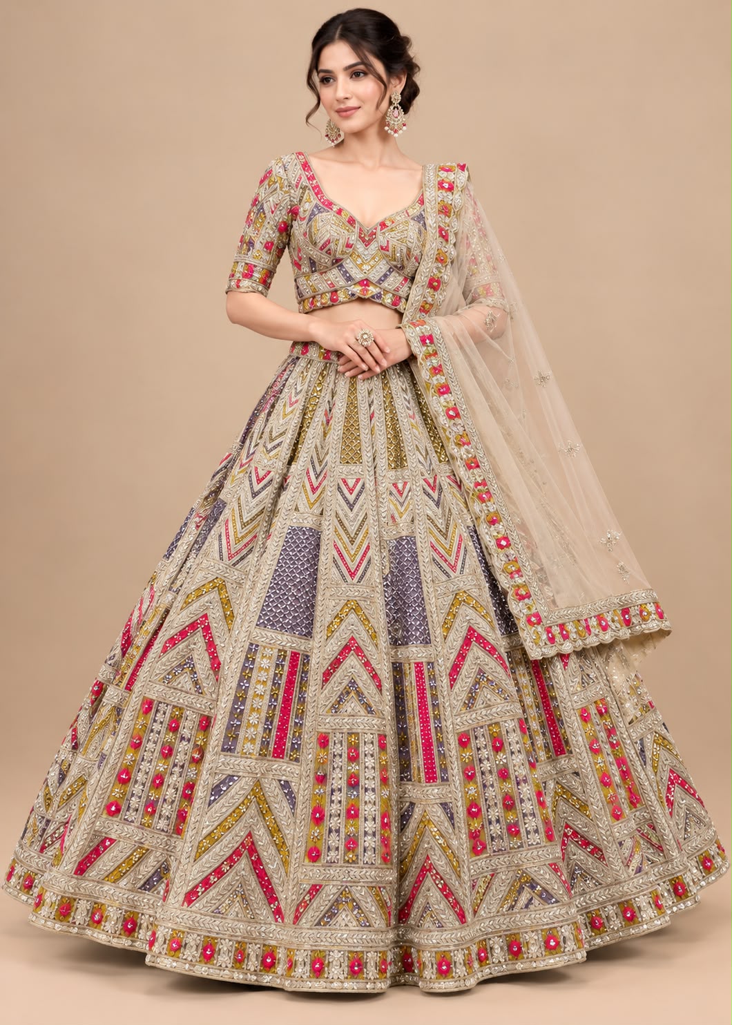Chikoo Beige Multicolour Embroidered Lehenga Set