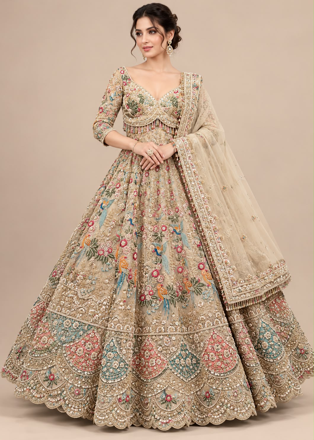 Champagne Gold Embroidered Lehenga with Multicoloured Bird Motifs