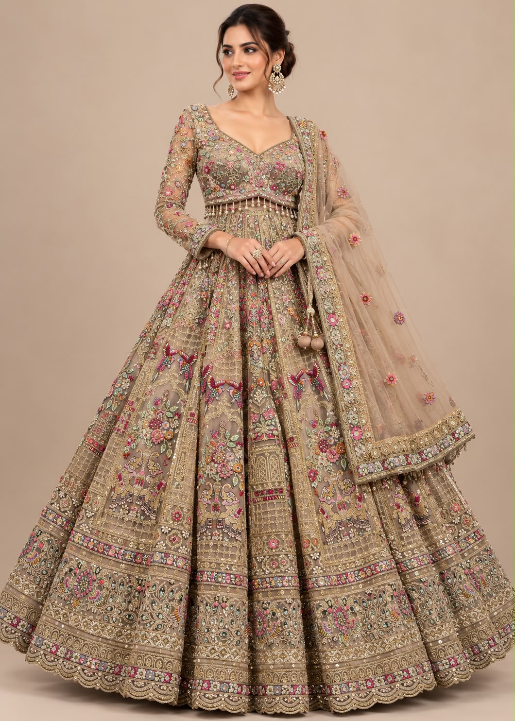Beige-Gold Multi-Resham Embroidered Full-Sleeve Bridal Lehenga Choli Set Main image