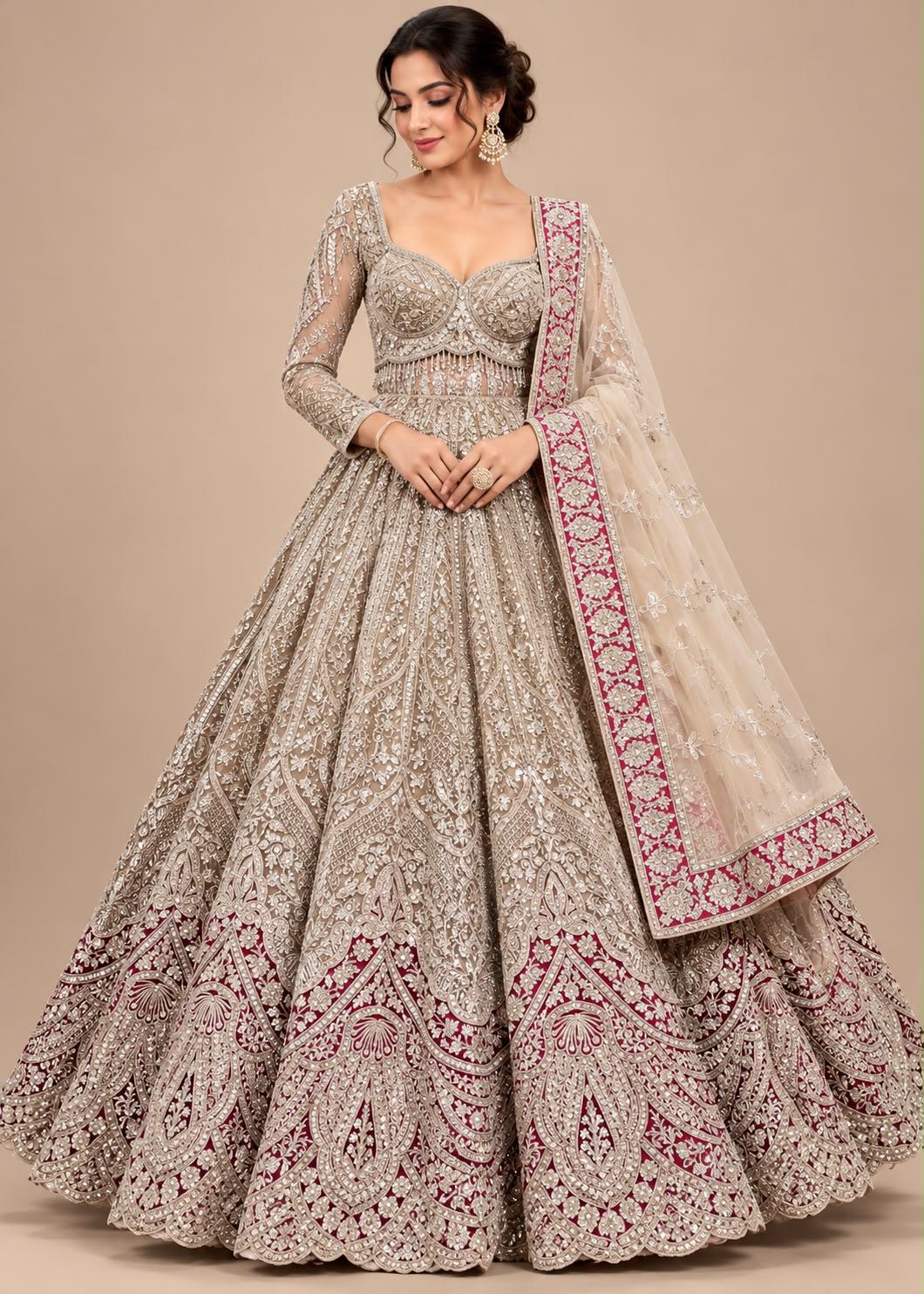 Silver-Grey Bridal Lehenga with Rani Pink Embroidered Border