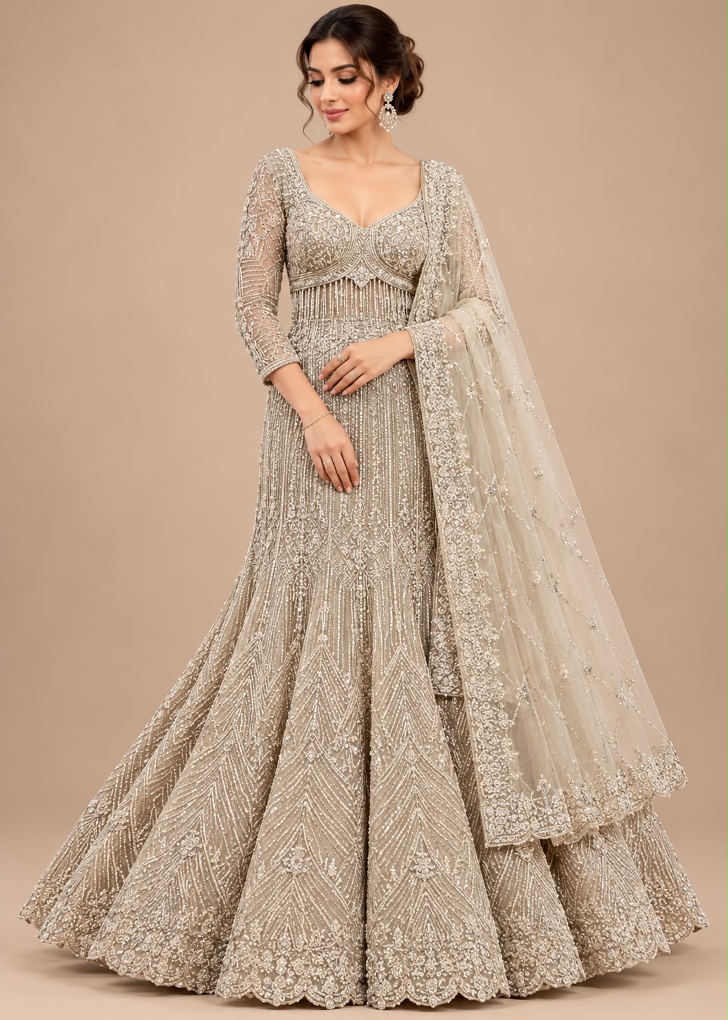 Champagne Beige Embroidered Anarkali Gown with Matching Dupatta