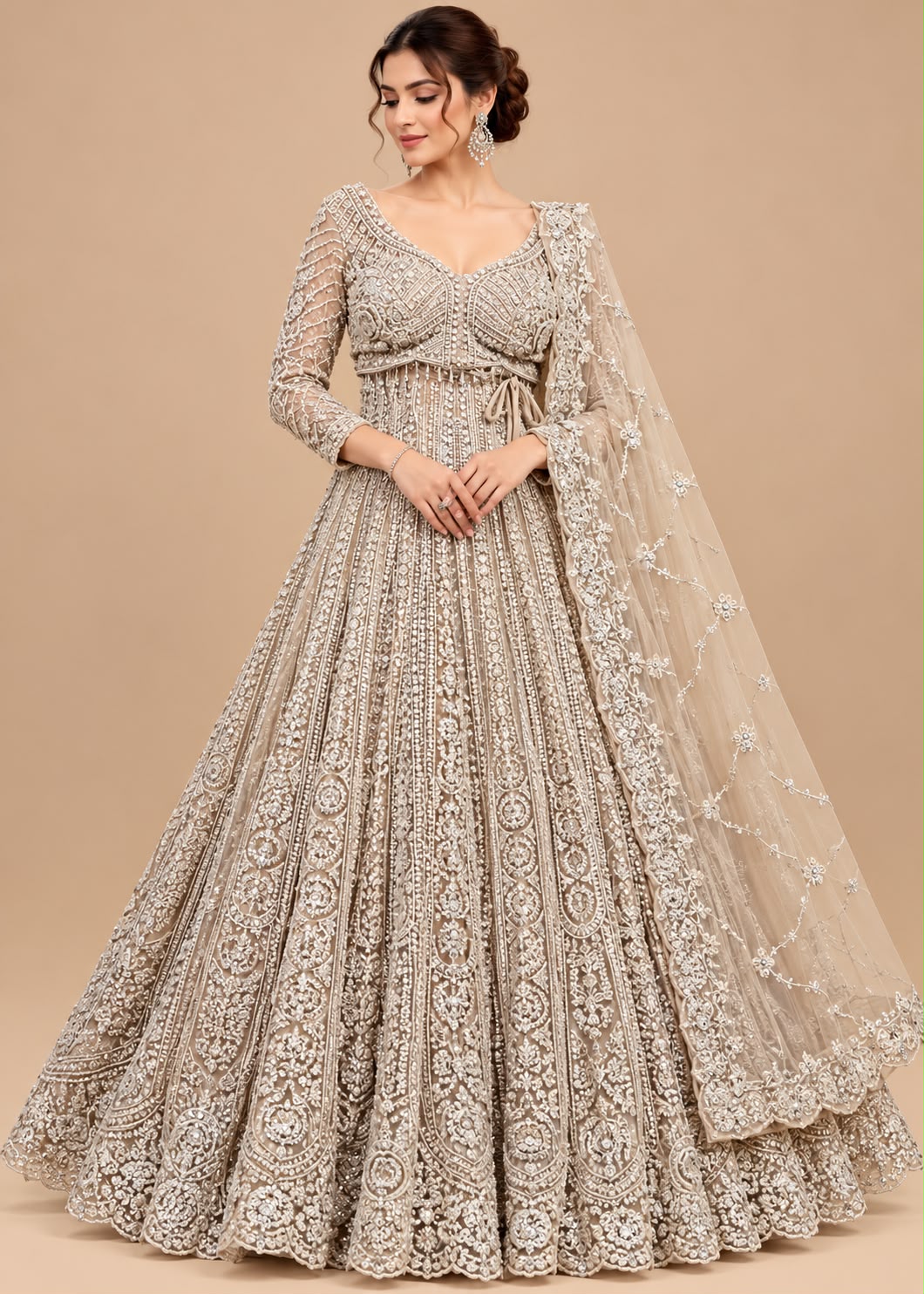 Golden Beige Embroidered Lehenga with Pearl Detailing