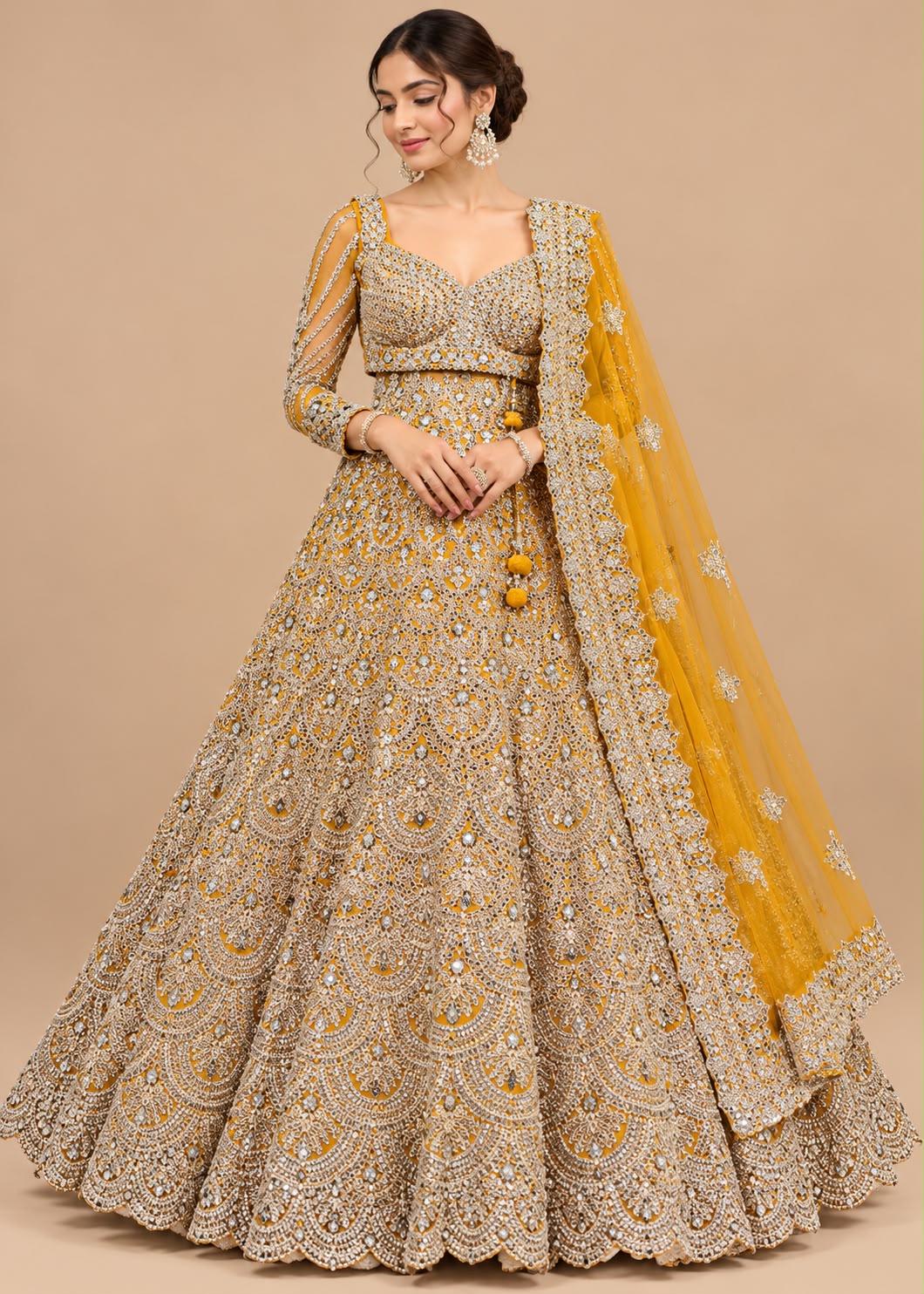 Mustard Yellow Embroidered Lehenga with Silver-Gold Detailing