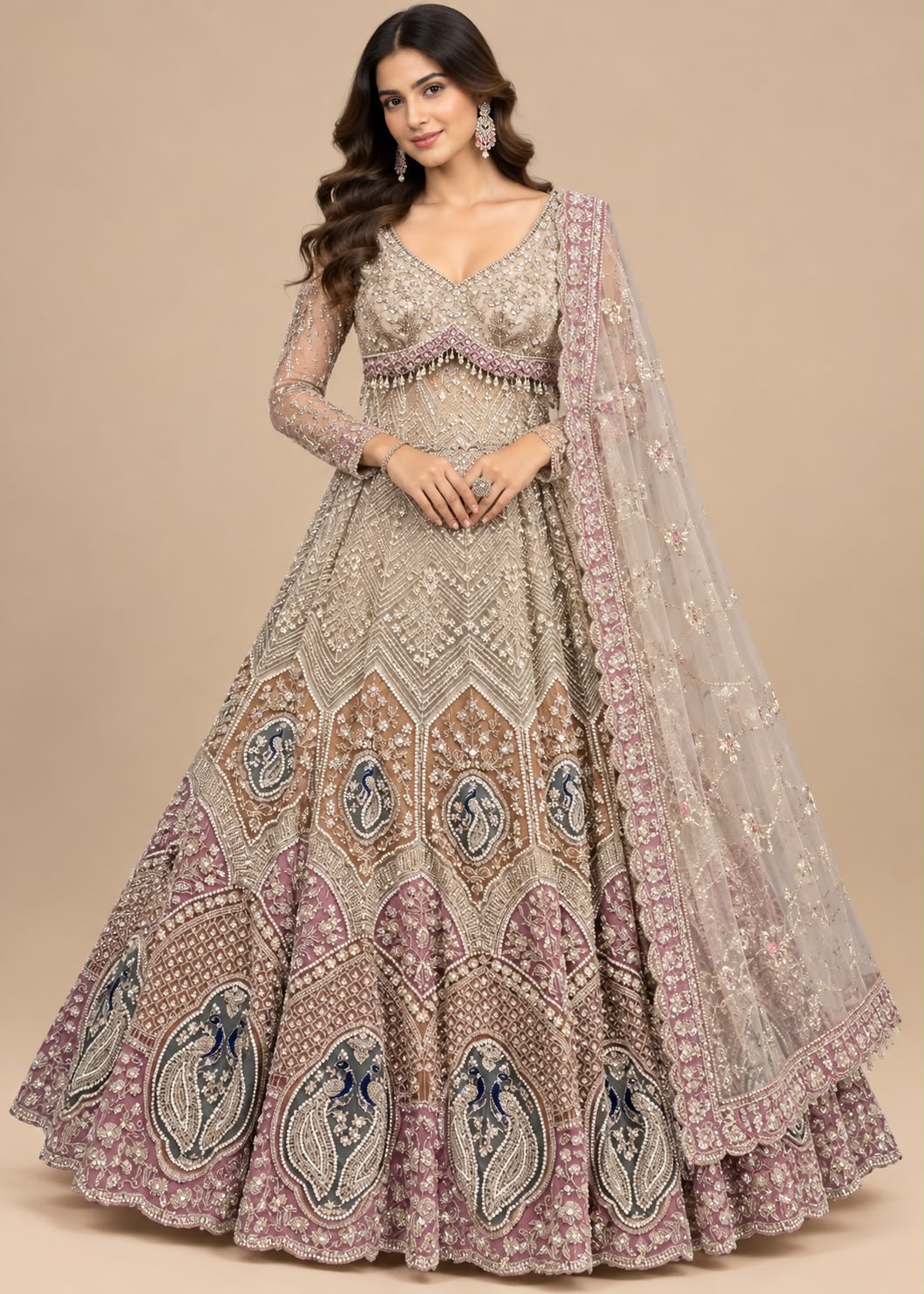 Taupe and Dusty Pink Embroidered Lehenga