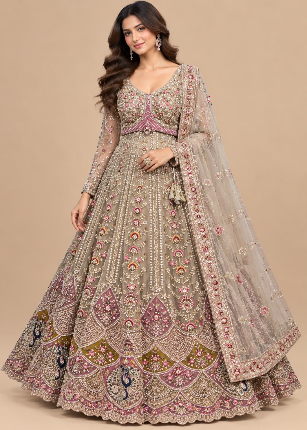 Dusty Mauve Multi-Color Embroidered Full-Sleeve Bridal Lehenga Choli Set Main image