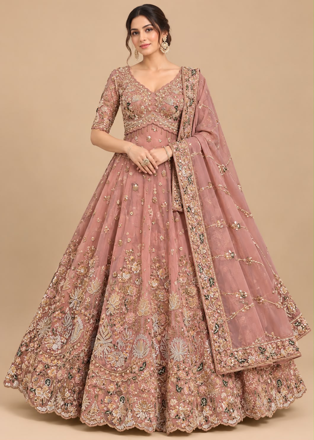 Dusty Rose Pink Embroidered Lehenga with Floral Motifs